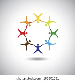 colorful people together as circle of unity, integrity - concept vector. This graphic can also represent colorful kids playing, holding hands, employees union, children active, excited people