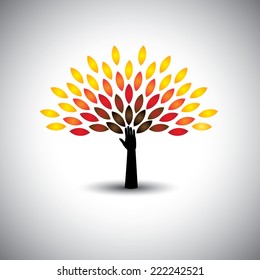 colorful people tree and hand - eco lifestyle concept vector. This graphic also represents harmony, nature conservation, sustainable development, natural balance, development, healthy growth