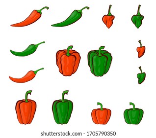 Colorful pepper vector drawing set illustration. Vector illustration, line drawing set of pepper vector illustration. outline vector pepper set, capsicum green, red capsicum,