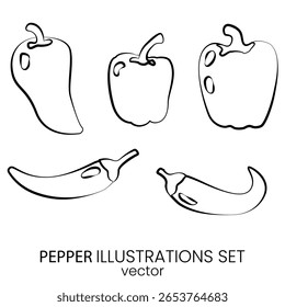 Conjunto Vetor De Pimenta Colorido. Coleção de Pimentos Doces e Chili. Sino desenhado à mão e pimentas chili. Pacote de ilustração vegetal. Pimentos frescos de fazenda. Conjunto de vetores de estilo de desenho animado.