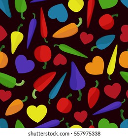 Colorful peppers and hearts vector background