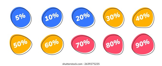 Colorful percent labels for discount offers. Collection of bright round discount badges with percents from 5% to 90 on blue, yellow and pink blob shapes. Vector 10 EPS.