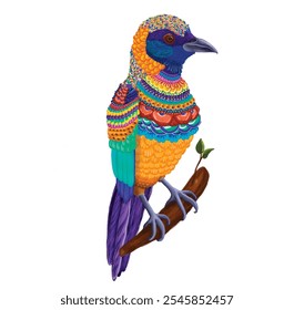 Colorful Perching Bird Illustration. Detailed illustration of a brightly colored bird sitting on a branch. Ideal for tropical, wildlife, or nature-themed projects.