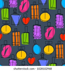 Colorful perfume bottles icons seamless pattern. Eau de parfum background. Eau de toilette. Doodle sketch style.