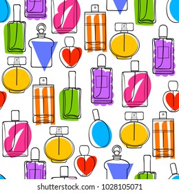 Colorful perfume bottles icons seamless pattern. Eau de parfum background. Eau de toilette. Doodle sketch style.