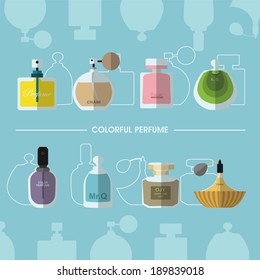 Colorful Perfume.  It's a collection of various perfume bottles.  Each bottle has it'w own shape and color. 