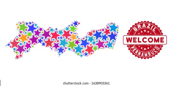 Colorful Pernambuco State map mosaic of stars, and distress rounded red WELCOME seal. Abstract territory scheme in bright color hues. Vector Pernambuco State map is done of colorful stars.