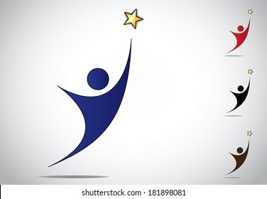 Colorful Person Winning Or Achievement Success Symbol Icon. An Ambitious Man Or Woman Reaching Out To Achieve High Goals And Golden Star With White Background - Concept Design Illustration Artwork Set