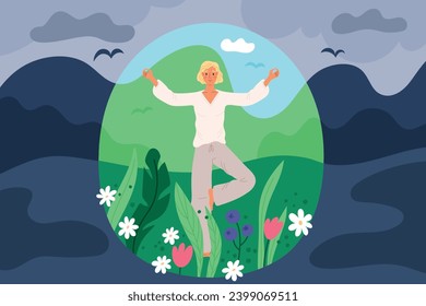 Colorful personal boundaries. Woman meditates while standing on one leg. Beautiful inner world. Introverted girl. Person in bubble barrier. Calm and meditation. Garish