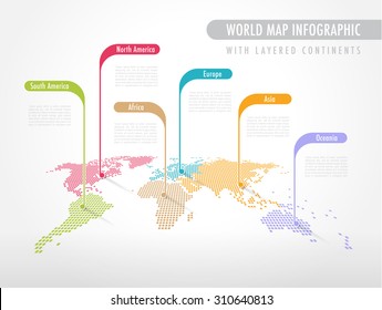 Colorful Perspective Pixelated World Map with Labels pointing each Continent