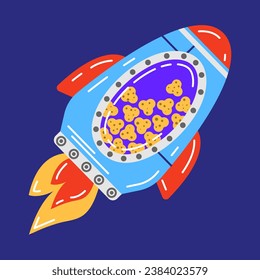 Colorful pet food illustration. Vector illustration of a rocket with animal food. Unusual feeder for pets.