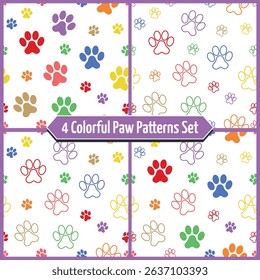 Colorful Pet Footprint Pattern Set - 4 Patterns of Pet Paw Footprints. Seamless Link.
