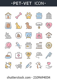 Colorful pet icon. Vector set of thin line veterinary icons with dog, cat, bird, turtle, rabbit, puppy, fish, animal toys. Outline collection for web design, logo, banner, pet shop, veterinary clinic