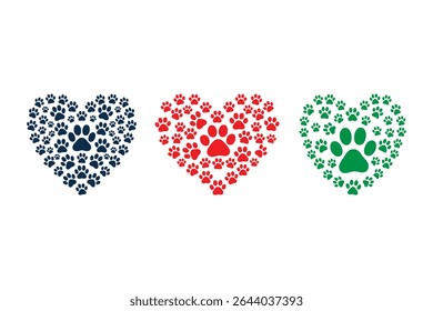 Colorful Pet Paw Heart Illustration – Dog and Cat Lover Silhouette Design