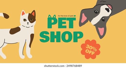 Colorful pet shop banner with cartoon cat and dog on a yellow background. Includes 30percent OFF offer. Perfect for advertising pet products and promotions. A funny little dog is hanging upside down.