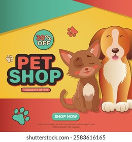 Colorful pet shop promotional design featuring happy cat and dog sitting together, discount offer design in a playful style.