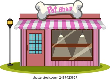 Colorful pet shop with striped awning