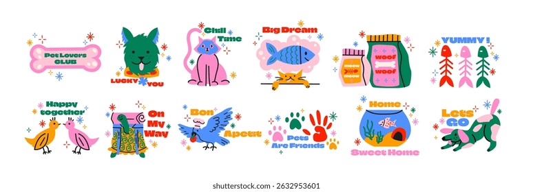 Colorful pet stikers in retro cartoon style. Cartoon elements: cats, dogs, birds, fish, paws, quotes. Illustration in funky, doodle style, trendy patches set.
