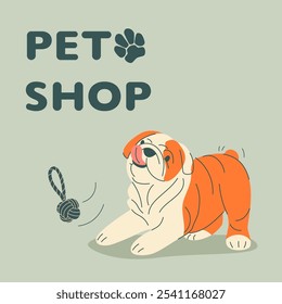 Colorful pet store banner with cartoon on green background. Ideal for advertising pet products and promotions. Funny dog ​​trying to catch a ball