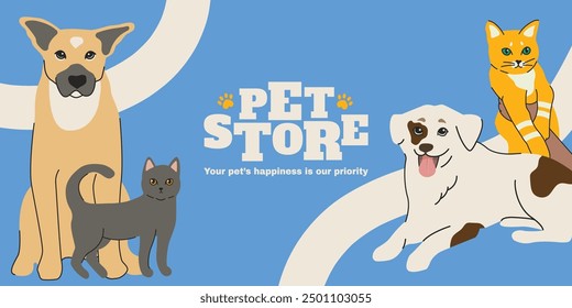 Colorful pet store banner with happy dogs and cats. Ideal for promoting pet shops, veterinary services, or pet adoption events. Bright, friendly design for pet care advertisements. 