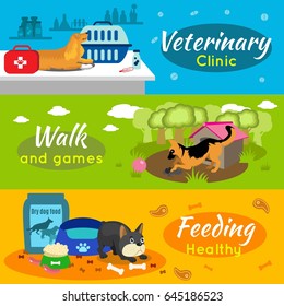 Colorful pets horizontal banners with animal veterinary clinic dog walk games and healthy food vector illustration