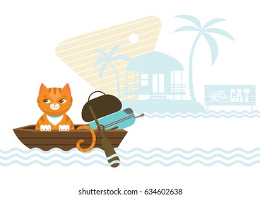 Colorful pets hotel concept with cute red cat traveling in boat on palm trees and building landscape vector illustration