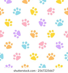 Colorful pets paw pattern. Seamless vector print with cats or dogs footstep.