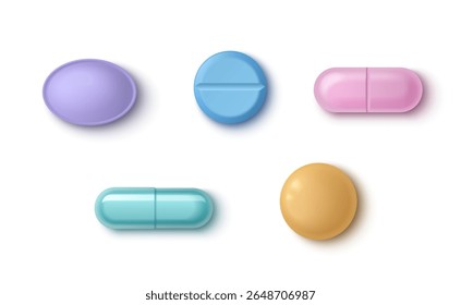 Colorful pharmaceutical set - 3d purple oval pill, blue round tablet with dividing line, pink capsule split in half, turquoise oblong medicine form, orange circular drug for healthcare presentation.