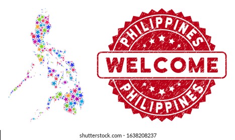Colorful Philippines map composition of stars, and textured round red WELCOME stamp. Abstract geographic plan in colorful color tinges. Vector Philippines map is designed with color stars.