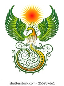 Colorful phoenix bird with beautiful wings and sun background. Curl floral ornament decoration. Good use for symbol, mascot, icon, avatar, tattoo, T Shirt design, or any design you want.