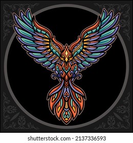 Colorful phoenix bird mandala arts, isolated on black background