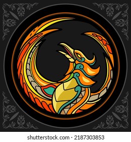 Colorful Phoenix bird zentangle arts isolated on black background
