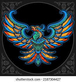 Colorful Phoenix bird zentangle arts isolated on black background