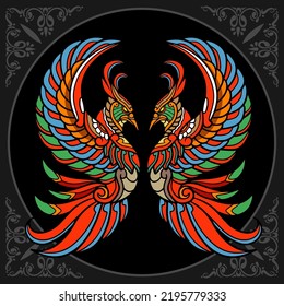 Colorful Phoenix bird zentangle arts isolated on black background