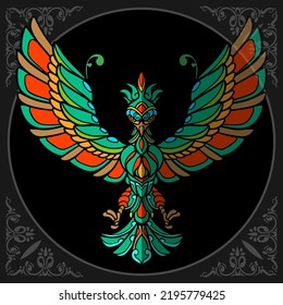 Colorful Phoenix bird zentangle arts isolated on black background