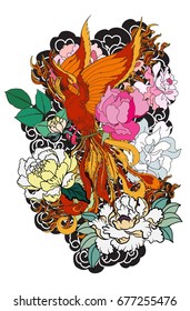 Colorful Phoenix fire bird and Peony flower   rose cloud   wave background Hand drawn Japanese tattoo style Beautiful  phoenix   flower tattoo black cloud peacock tattoo Chinese style 
