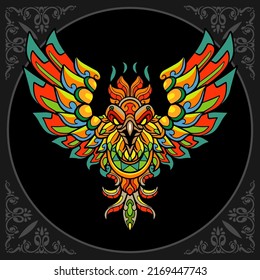 Colorful Phoenix zentangle arts, isolated on black background