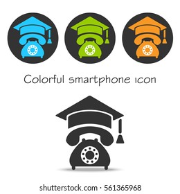 Colorful phone icon with isolated blank screen. Modern simple flat telephone sign with graduation hat. Trendy vector symbol for website design web button, mobile app. Smartphone in education cap