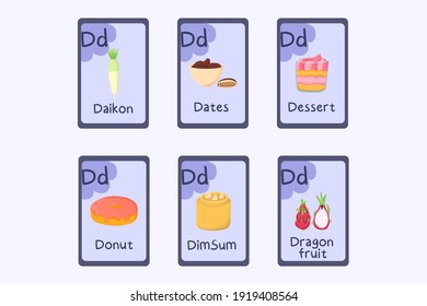 Colorful Phonics flashcard Letter D - daikon, dimsum, dates, dessert, donut, dragon fruit. Food themed ABC cards for teaching reading with foods, vegetables, fruits and nuts. Series of ABC.