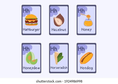 Colorful Phonics flashcard Letter H - hamburger, hazelnut, honey, honeydew, horseradich, hotdog. Food themed ABC cards for teaching reading with foods, vegetables, fruits and nuts. Series of ABC.