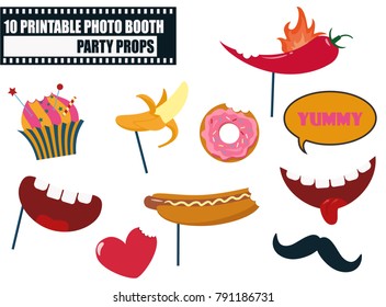 Colorful Photo Booth Food Props Icon Set Vector Illustration. Collection Of Icons With Hipster Style Design Elements Mouth With Teeth, Cupcake, Moustache, Food. Perfect For Photobooth Shooting 