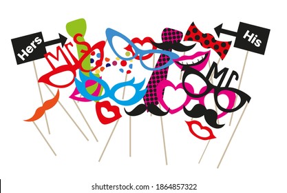 Colorful photo booth party prop set vector illustration on a white background.