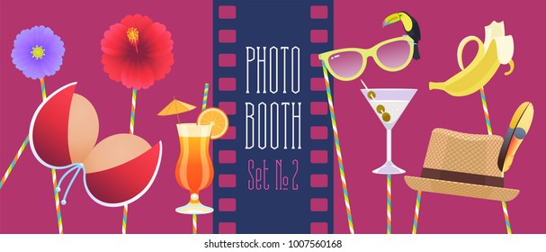Colorful photo booth props icon set vector illustration. Collection of icons with tropics style party design elements such as cocktails, bikini, flower, hat. Perfect for photobooth shooting