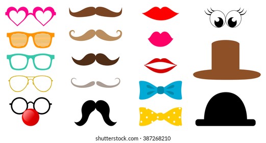 Colorful photo booth props icon set, glasses, red lips, mustache, bow tie, hat, clown nose... Collection of hipster style photo accessories. vector art image illustration, isolated on white background