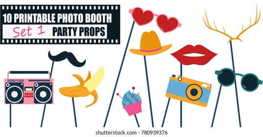 Colorful Photo Booth Props Icon Set Vector Illustration. Collection Of Icons With Hipster Style Design Elements Such As  Red Lips, Hat, Boombox. Perfect For Photobooth Shooting 