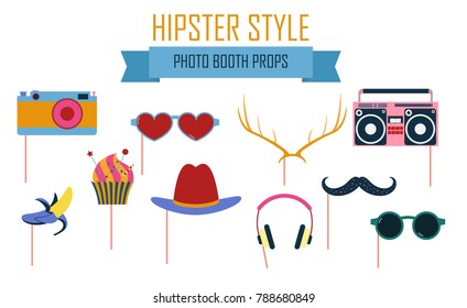 Colorful photo booth props icon set vector illustration. Collection of icons with hipster style design elements such as  red lips, hat, mustache. Perfect for photobooth shooting 