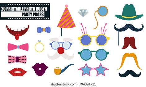Colorful photo booth props icon set vector illustration. Collection of design elements such as lips, hat, sunglasses, mask. Perfect for photobooth shooting 