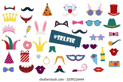 Colorful photo booth props set vector illustration. Collection of design elements with birthday party  items, hat, sunglasses, crown. Perfect for photobooth shooting 