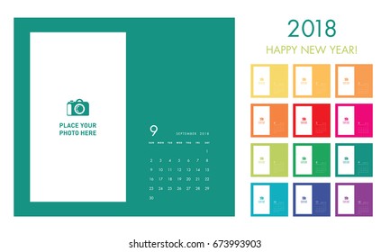 Colorful photo calendar Layout for 2018 years. Week starts from Sunday.