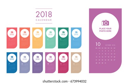 Colorful photo calendar Layout for 2018 years. Week starts from Sunday.